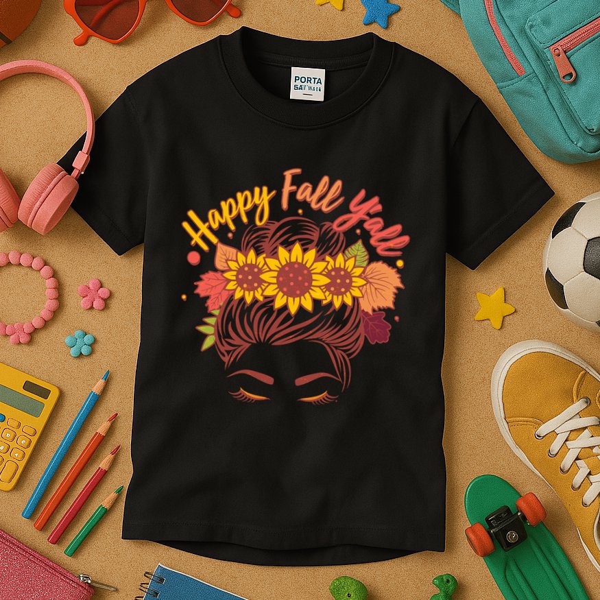 Cute Happy Fall Y'all Woman With Sunflower And Leaves Hair Bun Kids T-Shirt