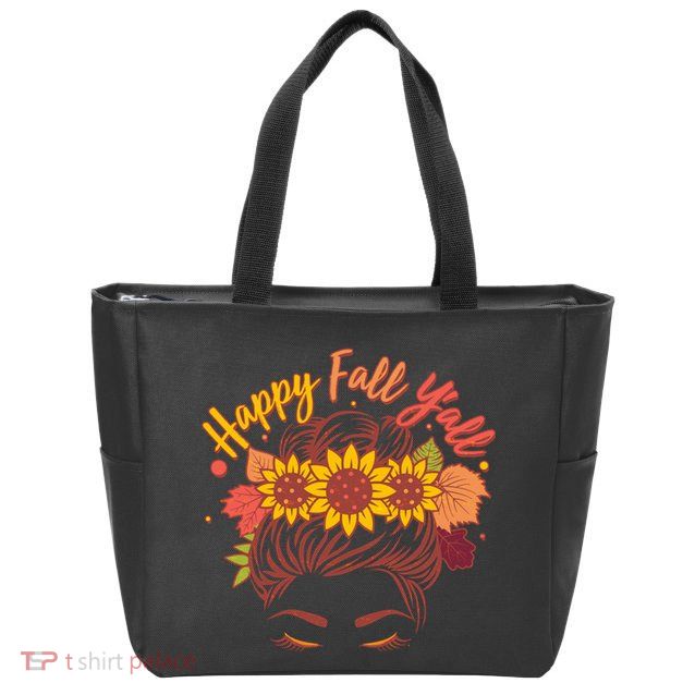 Cute Happy Fall Y'all Woman With Sunflower And Leaves Hair Bun Zip Tote Bag