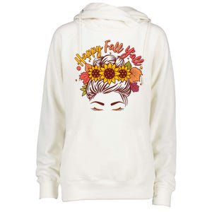 Cute Happy Fall Y'all Woman With Sunflower And Leaves Hair Bun Womens Funnel Neck Pullover Hood