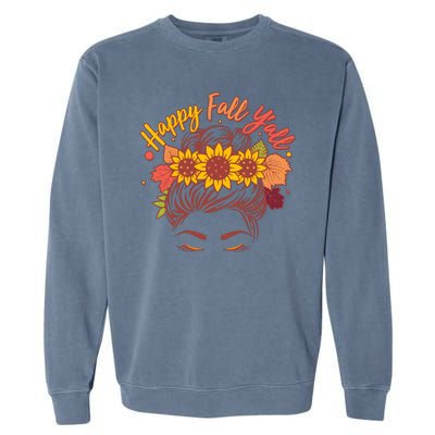 Cute Happy Fall Y'all Woman With Sunflower And Leaves Hair Bun Garment-Dyed Sweatshirt