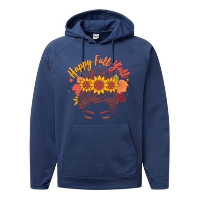 Cute Happy Fall Y'all Woman With Sunflower And Leaves Hair Bun Performance Fleece Hoodie