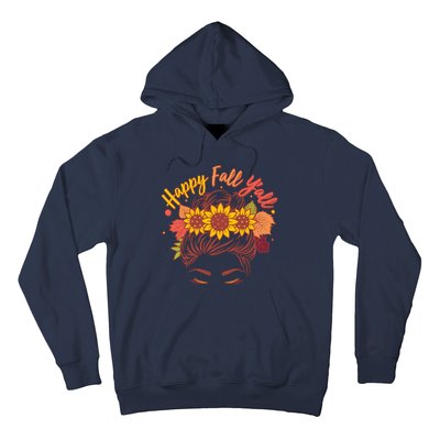 Cute Happy Fall Y'all Woman With Sunflower And Leaves Hair Bun Hoodie