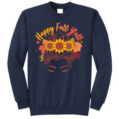 Cute Happy Fall Y'all Woman With Sunflower And Leaves Hair Bun Sweatshirt