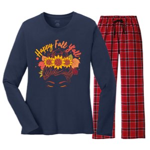 Cute Happy Fall Y'all Woman With Sunflower And Leaves Hair Bun Women's Long Sleeve Flannel Pajama Set 