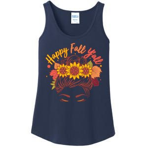 Cute Happy Fall Y'all Woman With Sunflower And Leaves Hair Bun Ladies Essential Tank