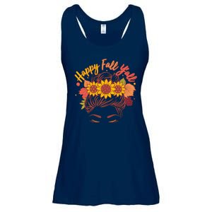 Cute Happy Fall Y'all Woman With Sunflower And Leaves Hair Bun Ladies Essential Flowy Tank