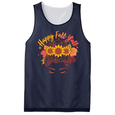 Cute Happy Fall Y'all Woman With Sunflower And Leaves Hair Bun Mesh Reversible Basketball Jersey Tank