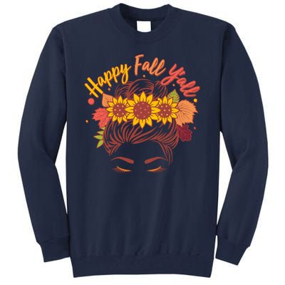 Cute Happy Fall Y'all Woman With Sunflower And Leaves Hair Bun Tall Sweatshirt