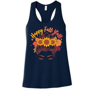 Cute Happy Fall Y'all Woman With Sunflower And Leaves Hair Bun Women's Racerback Tank