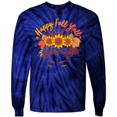 Cute Happy Fall Y'all Woman With Sunflower And Leaves Hair Bun Tie-Dye Long Sleeve Shirt