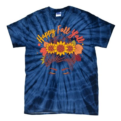 Cute Happy Fall Y'all Woman With Sunflower And Leaves Hair Bun Tie-Dye T-Shirt