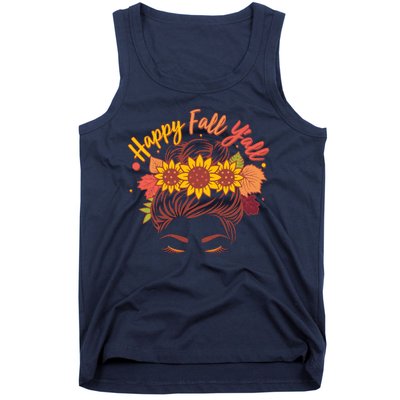 Cute Happy Fall Y'all Woman With Sunflower And Leaves Hair Bun Tank Top