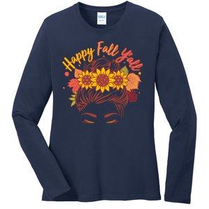 Cute Happy Fall Y'all Woman With Sunflower And Leaves Hair Bun Ladies Long Sleeve Shirt