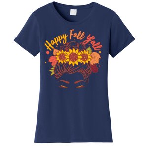 Cute Happy Fall Y'all Woman With Sunflower And Leaves Hair Bun Women's T-Shirt