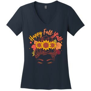 Cute Happy Fall Y'all Woman With Sunflower And Leaves Hair Bun Women's V-Neck T-Shirt