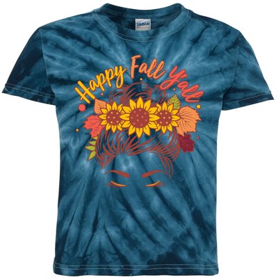 Cute Happy Fall Y'all Woman With Sunflower And Leaves Hair Bun Kids Tie-Dye T-Shirt