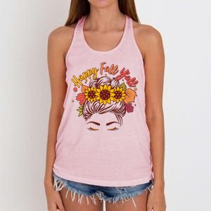 Cute Happy Fall Y'all Woman With Sunflower And Leaves Hair Bun Women's Knotted Racerback Tank