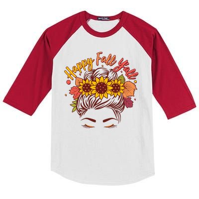 Cute Happy Fall Y'all Woman With Sunflower And Leaves Hair Bun Kids Colorblock Raglan Jersey