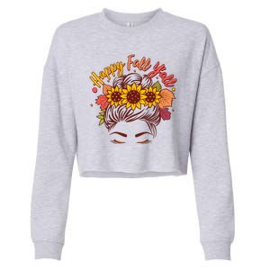 Cute Happy Fall Y'all Woman With Sunflower And Leaves Hair Bun Cropped Pullover Crew