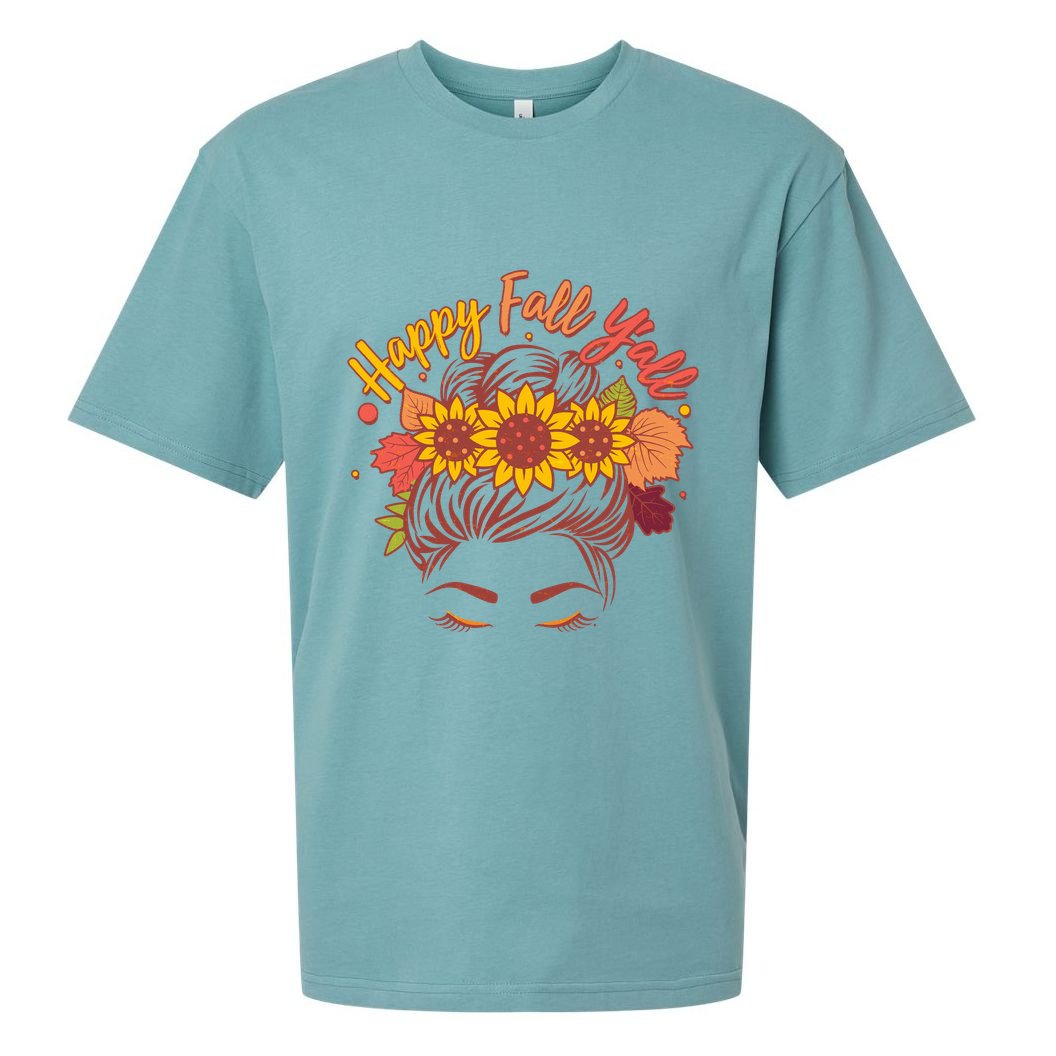 Cute Happy Fall Y'all Woman With Sunflower And Leaves Hair Bun Sueded Cloud Jersey T-Shirt