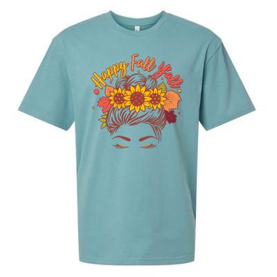 Cute Happy Fall Y'all Woman With Sunflower And Leaves Hair Bun Sueded Cloud Jersey T-Shirt