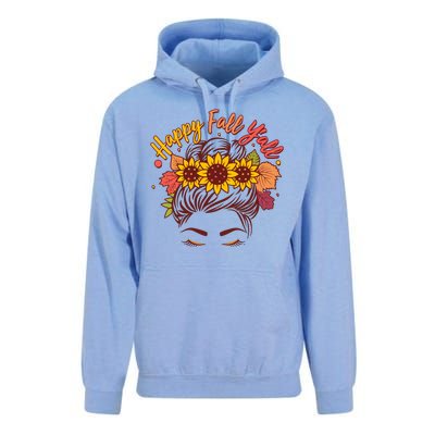 Cute Happy Fall Y'all Woman With Sunflower And Leaves Hair Bun Unisex Surf Hoodie