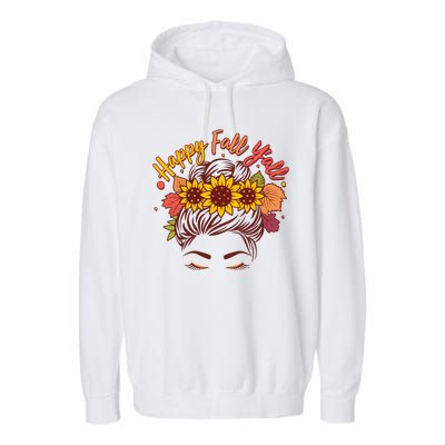 Cute Happy Fall Y'all Woman With Sunflower And Leaves Hair Bun Garment-Dyed Fleece Hoodie