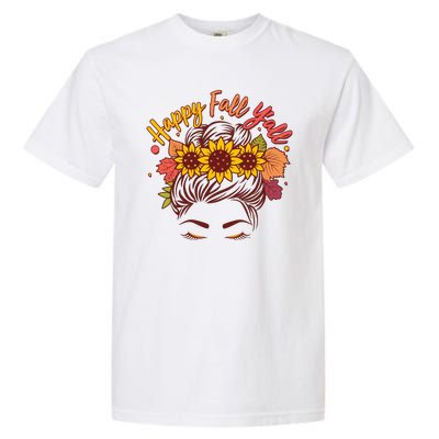 Cute Happy Fall Y'all Woman With Sunflower And Leaves Hair Bun Garment-Dyed Heavyweight T-Shirt