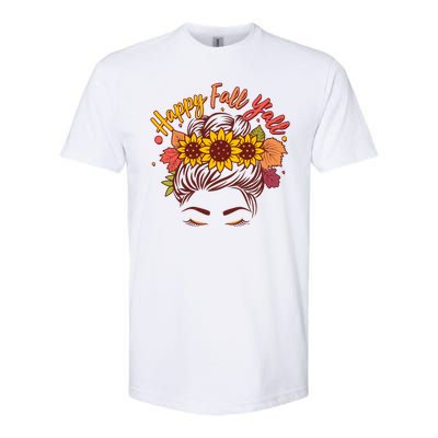 Cute Happy Fall Y'all Woman With Sunflower And Leaves Hair Bun Softstyle CVC T-Shirt