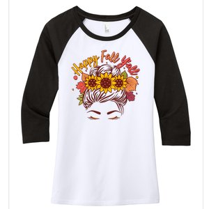 Cute Happy Fall Y'all Woman With Sunflower And Leaves Hair Bun Women's Tri-Blend 3/4-Sleeve Raglan Shirt