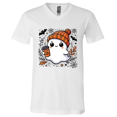 Cute Halloween For Women Halloween Ghost Coffee Women V-Neck T-Shirt