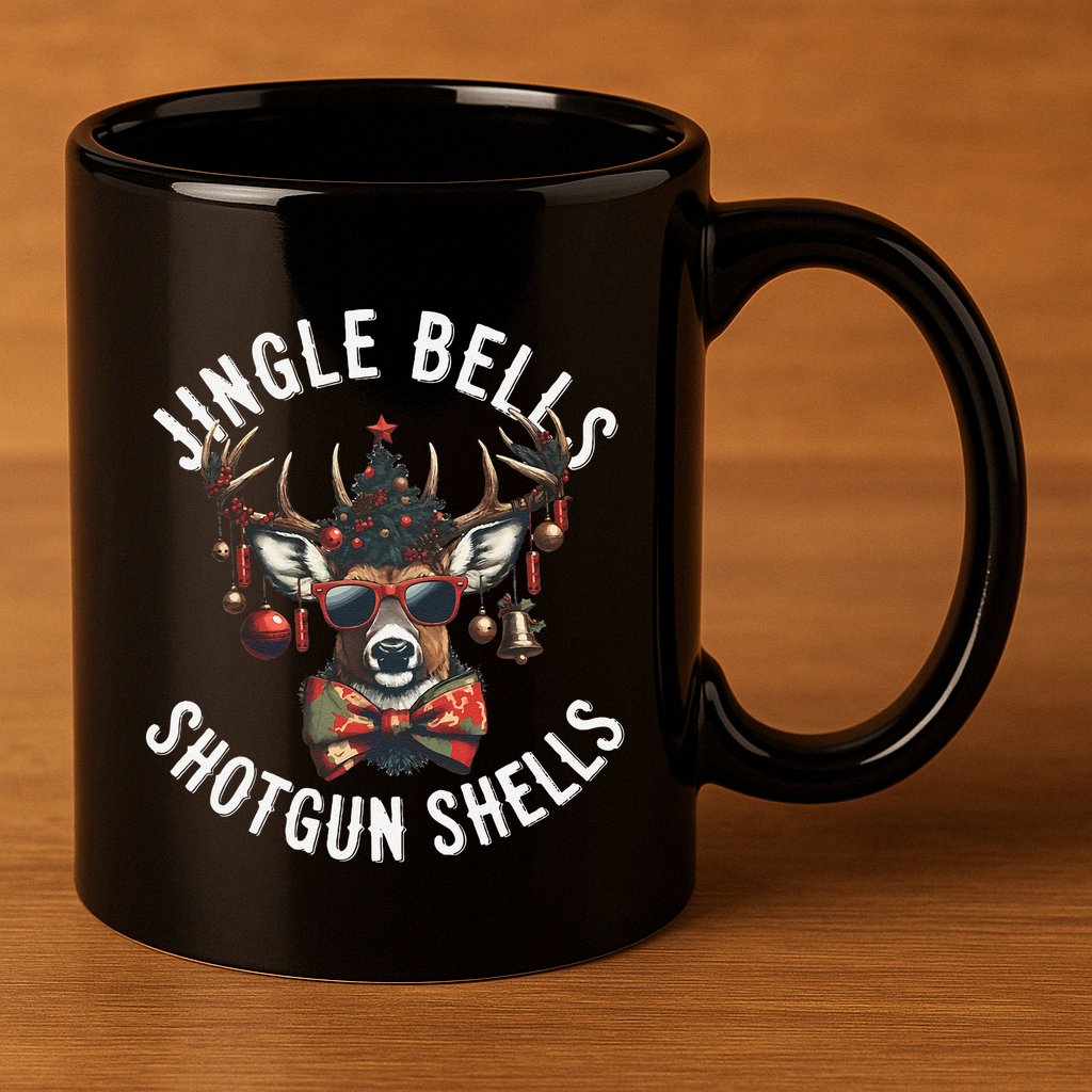 Christmas Holiday Funny Jingles Bells Shotgun Shells 11oz C Handle Ceramic Mug