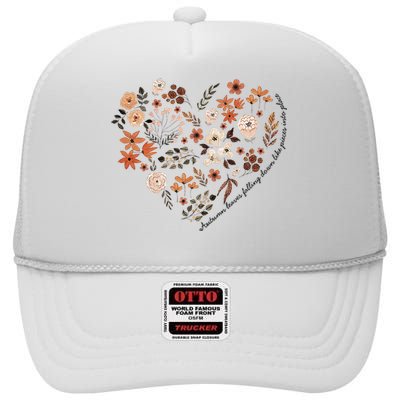 Cute Heart Fall Vibes Autumn Leaves Vintage Thanksgiving High Crown Mesh Back Trucker Hat