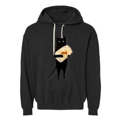 Cat Holding Goldfish Bowl Art Design Garment-Dyed Fleece Hoodie