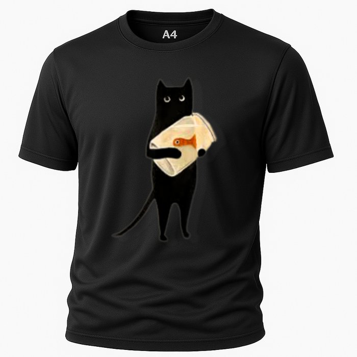 Cat Holding Goldfish Bowl Art Design Cooling Performance Crew T-Shirt