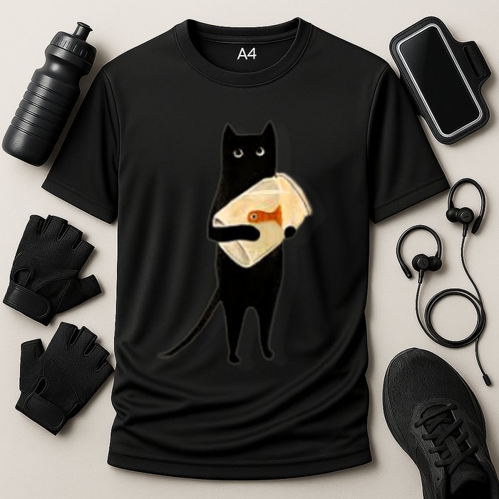 Cat Holding Goldfish Bowl Art Design Cooling Performance Crew T-Shirt
