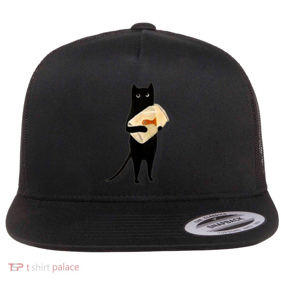 Cat Holding Goldfish Bowl Art Design Flatbill Hat