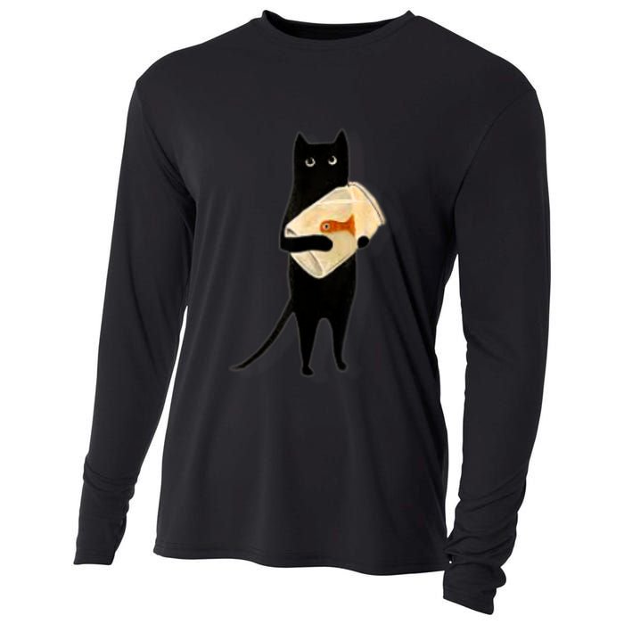 Cat Holding Goldfish Bowl Art Design Cooling Performance Long Sleeve Crew