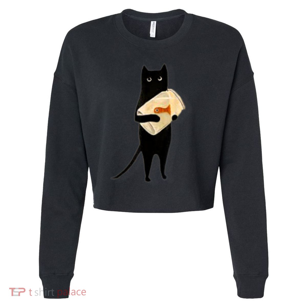 Cat Holding Goldfish Bowl Art Design Cropped Pullover Crew