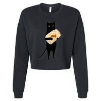 Cat Holding Goldfish Bowl Art Design Cropped Pullover Crew