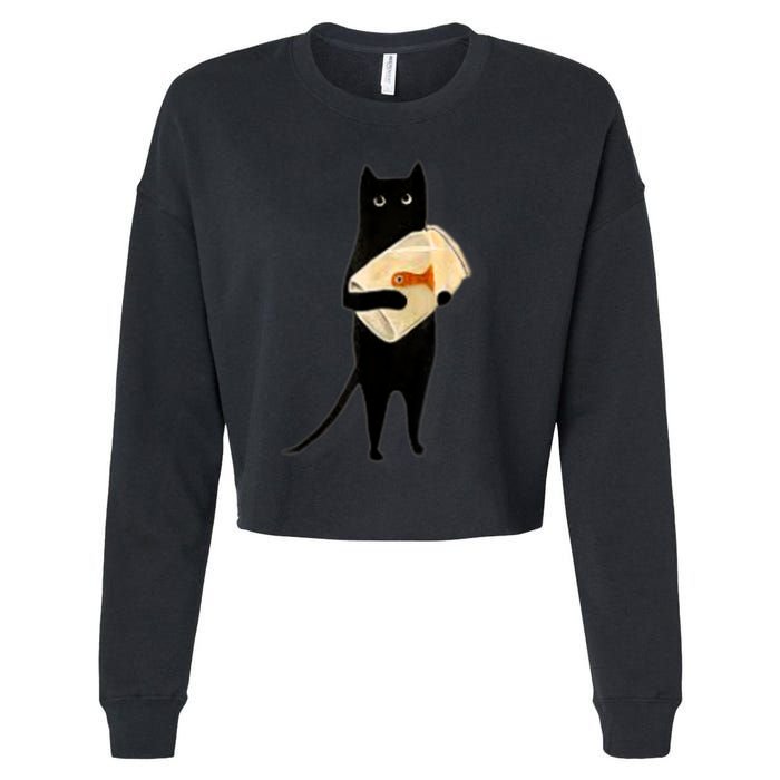Cat Holding Goldfish Bowl Art Design Cropped Pullover Crew