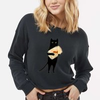 Cat Holding Goldfish Bowl Art Design Cropped Pullover Crew
