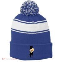 Cat Holding Goldfish Bowl Art Design Stripe Pom Pom Beanie