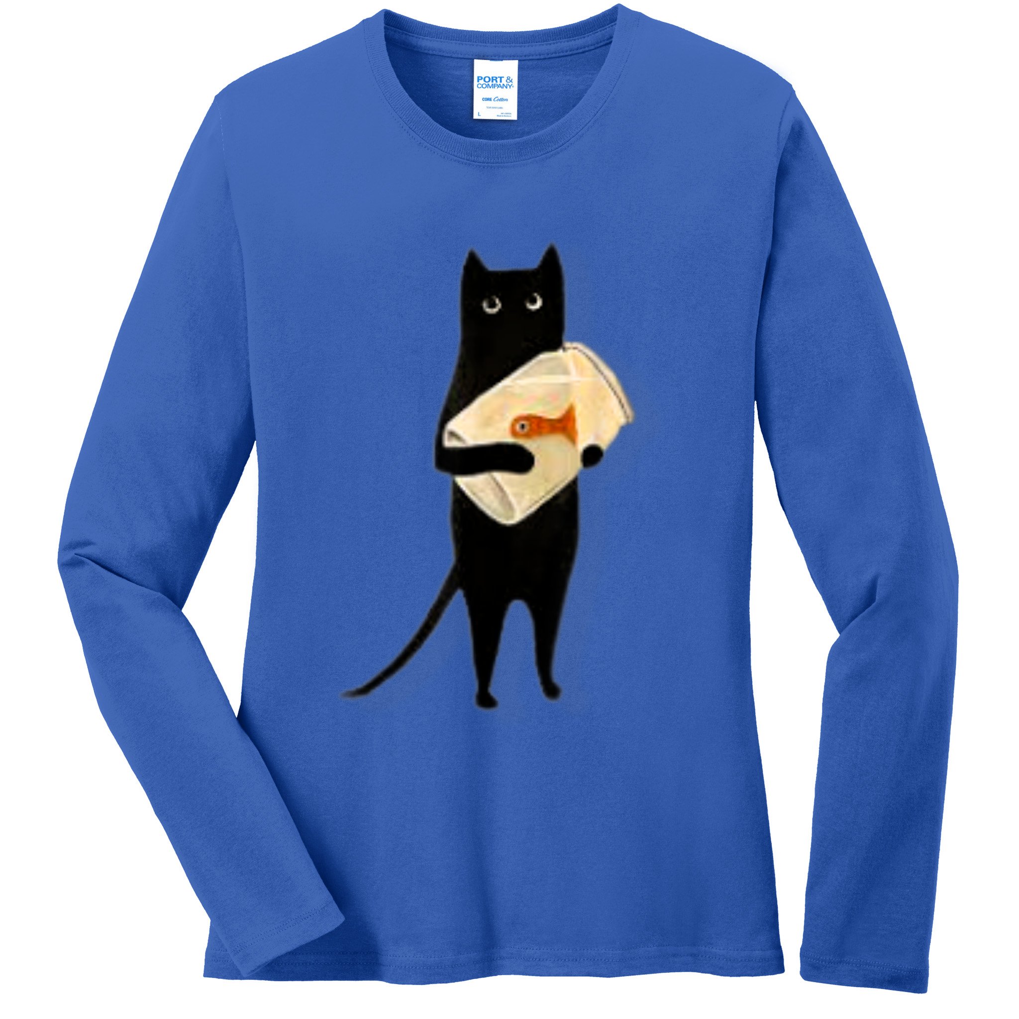 Cat Holding Goldfish Bowl Art Design Ladies Long Sleeve Shirt