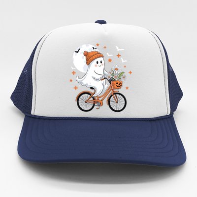 Cute Halloween Ghost Riding Bike With Flowers Spooky Fall Gift Trucker Hat