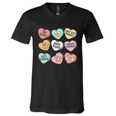 Conversation Hearts Groovy Valentines Day NICU Nurse Squad V-Neck T-Shirt