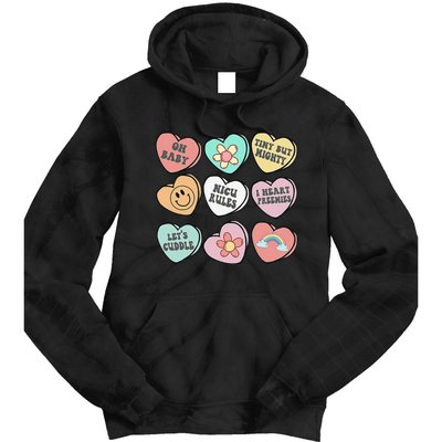 Conversation Hearts Groovy Valentines Day NICU Nurse Squad Tie Dye Hoodie