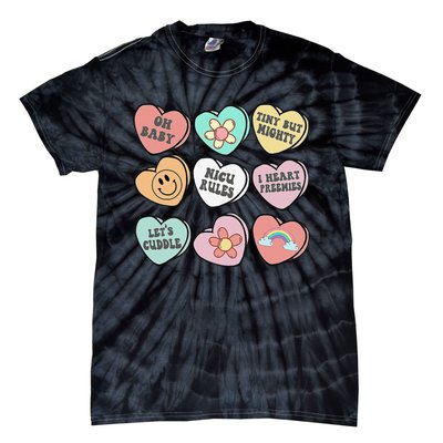 Conversation Hearts Groovy Valentines Day NICU Nurse Squad Tie-Dye T-Shirt