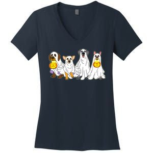 Cute Halloween Ghost Dogs Pups Women's V-Neck T-Shirt