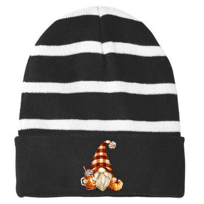 Cute Holiday Gnome For Thanksgiving With Fall Pumpkin Spice Striped Beanie with Solid Band